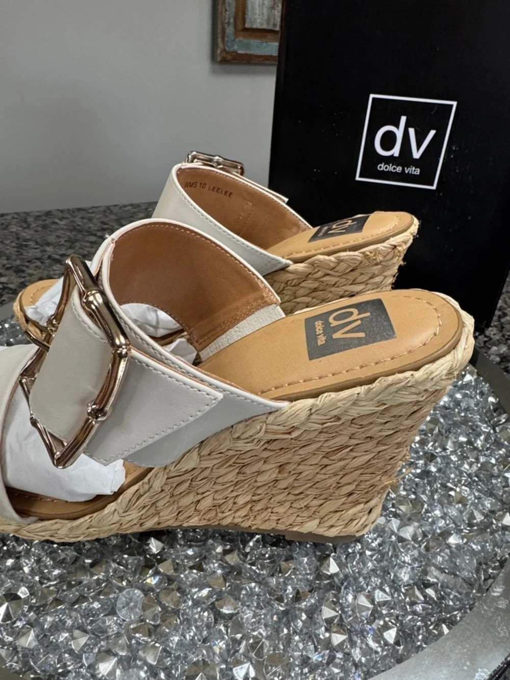 Dolce Vita Cream Woven Espadrille Wedge Sandals with Gold Buckle NEW 10